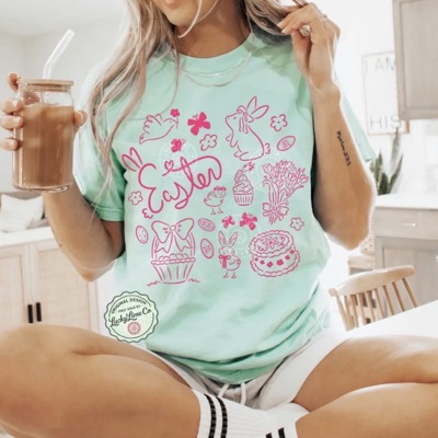 Easter Doodles Comfort Colors Shirt, Trendy Easter Graphic Tee, Womens Easter Gift, Easter Bunny Tshirt, Spring Vibes
