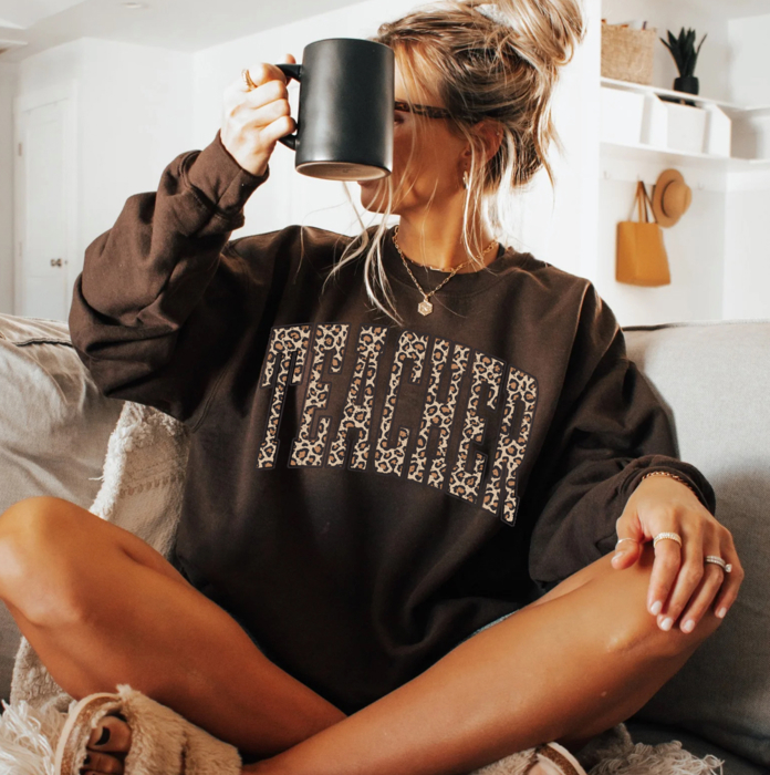 Leopard Print Teacher Sweatshirt, Varsity Teacher Shirt, Trendy Teach Sweatshirt, Teacher Shirt for Work