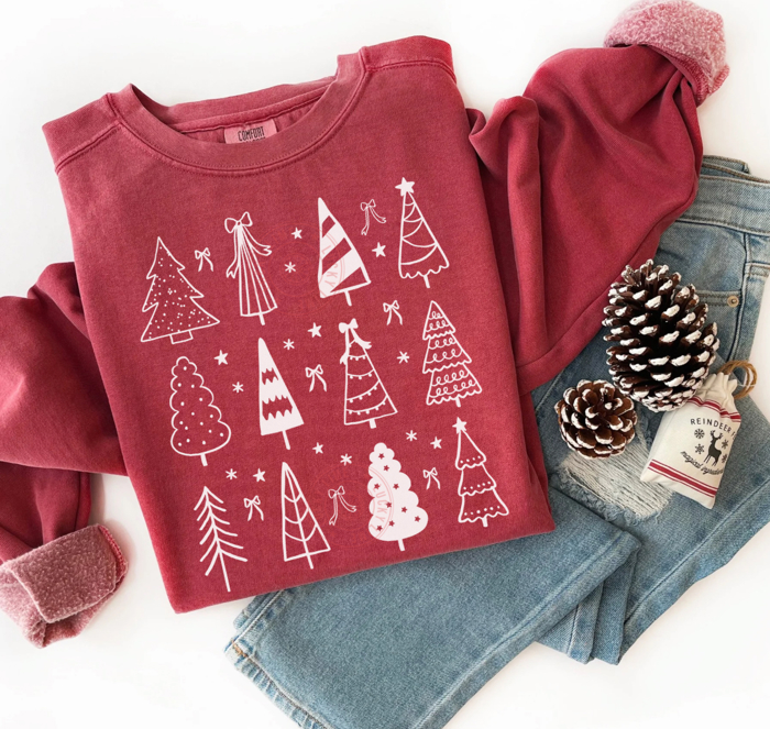 Comfort Colors® Christmas Tree Sweatshirt, Christmas Tree Bow Shirt, Womens Christmas Sweater, Holiday Apparel
