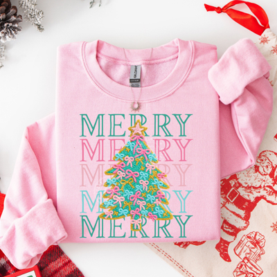 Merry Christmas Sweatshirt, Faux Yarn Christmas Tree Sweatshirt, Preppy Christmas Shirt, Coquette Christmas Tree Sweatshirt