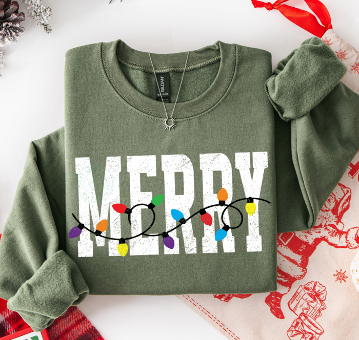 Merry Sweatshirt, Varsity Christmas Sweatshirt, Christmas Lights Shirt, Holiday Sweater, Festive Christmas Shirt
