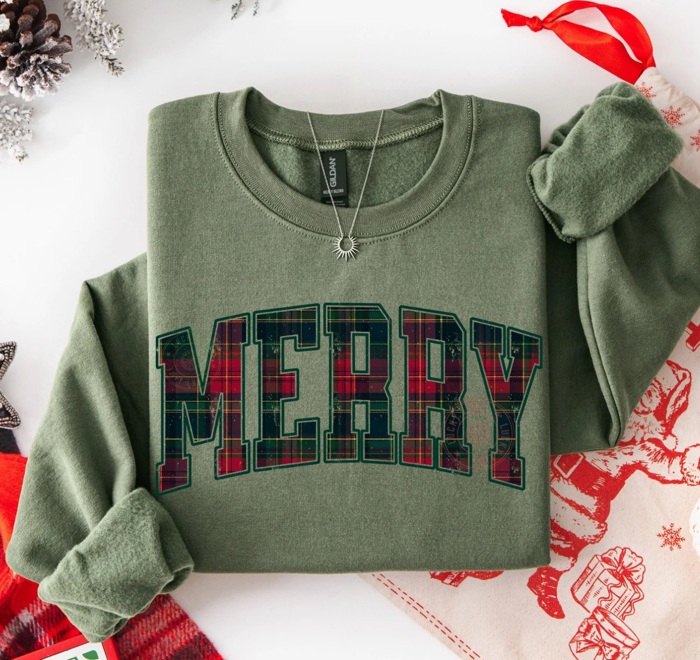 Plaid Merry Christmas Sweatshirt, Preppy Christmas Sweatshirt, Festive Holiday Sweater for Women