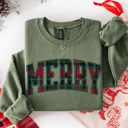 Small Green Plaid Merry Christmas Sweatshirt, Preppy Christmas Sweatshirt, Festive Holiday Sweater for Women