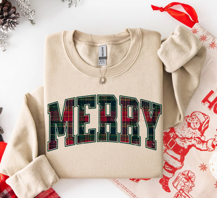 Plaid Merry Christmas Sweatshirt, Preppy Christmas Sweatshirt, Festive Holiday Sweater for Women