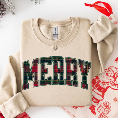Plaid Merry Christmas Sweatshirt, Preppy Christmas Sweatshirt, Festive Holiday Sweater for Women