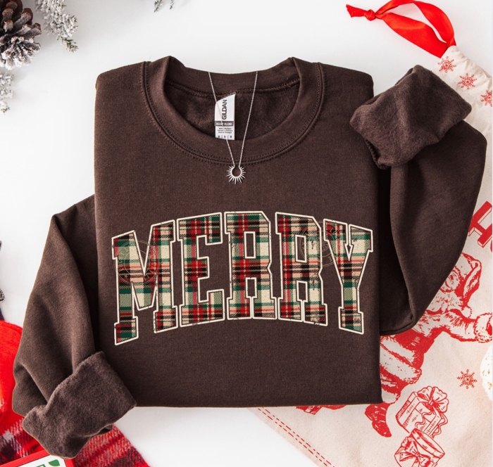Plaid Merry Christmas Sweatshirt, Preppy Christmas Sweatshirt, Christmas Crewneck, Festive Holiday Sweater for Women