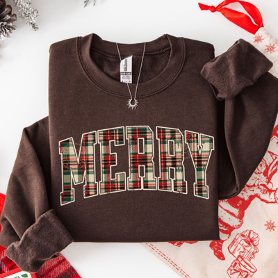 Plaid Merry Christmas Sweatshirt, Preppy Christmas Sweatshirt, Christmas Crewneck, Festive Holiday Sweater for Women