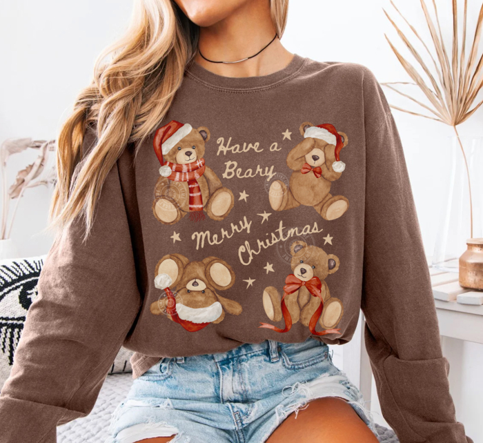 Comfort Colors Christmas Teddy Bear Long Sleeve Shirt, Christmas Bear Long Sleeve Tee, Merry Christmas Tshirt, Cute Holiday Apparel