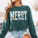 Small Blue Comfort Colors Merry Long Sleeve Shirt, Varsity Christmas Shirt, Christmas Lights Shirt, Holiday Sweater, Festive Christmas Shirt