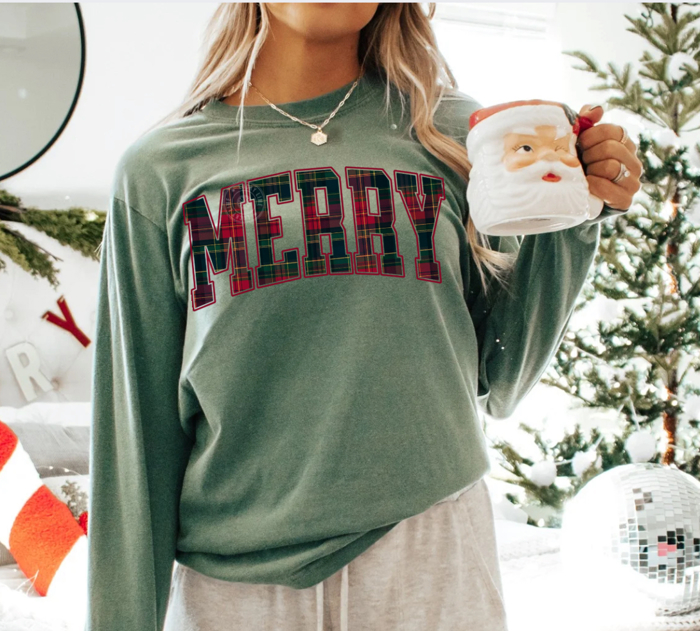 Plaid Merry Christmas Long Sleeve T-Shirt, Preppy Merry Christmas Shirt, Comfort Colors Long Sleeve Graphic Tee