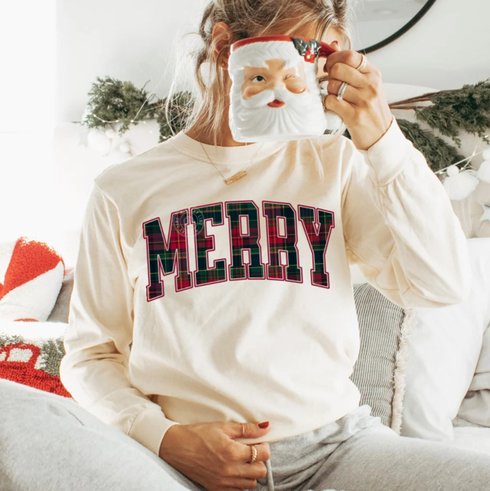 Plaid Merry Christmas Long Sleeve T-Shirt, Preppy Merry Christmas Shirt, Comfort Colors Long Sleeve Graphic Tee