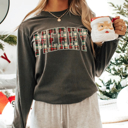 Small Gray Comfort Colors Merry Long Sleeve Tshirt, Plaid Merry Christmas Shirt, Womens Holiday Long Sleeve Tee, Preppy Christmas