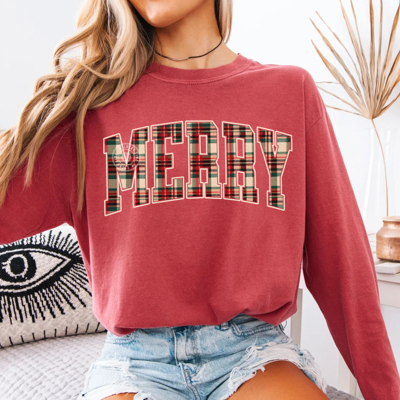Comfort Colors Merry Long Sleeve Tshirt, Plaid Merry Christmas Shirt, Womens Holiday Long Sleeve Tee, Preppy Christmas