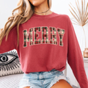  Comfort Colors Merry Long Sleeve Tshirt, Plaid Merry Christmas Shirt, Womens Holiday Long Sleeve Tee, Preppy Christmas