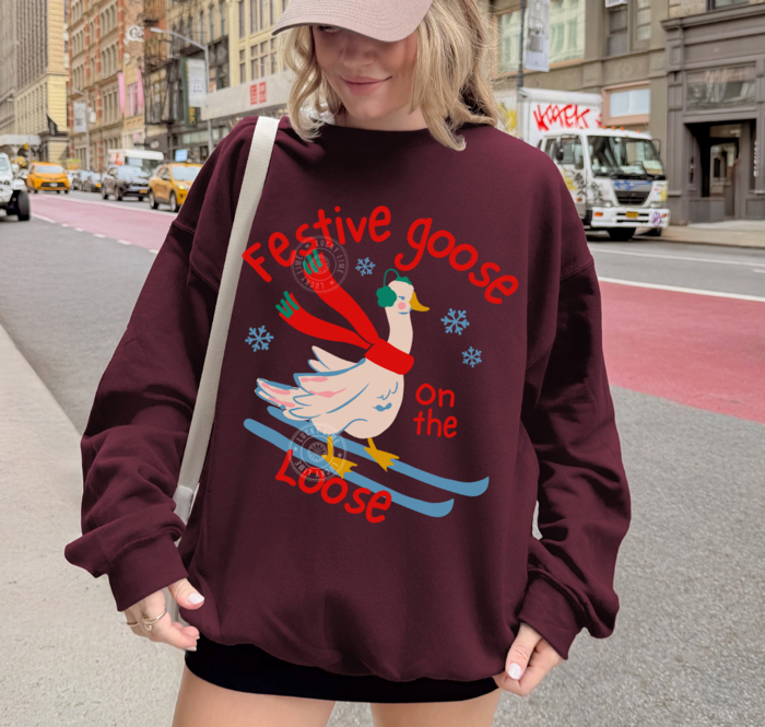 Festive Goose on the Loose Sweatshirt, Christmas Goose Sweatshirt, Merry Goosemas Shirt, Funny Holiday Sweater, Winter Shirt