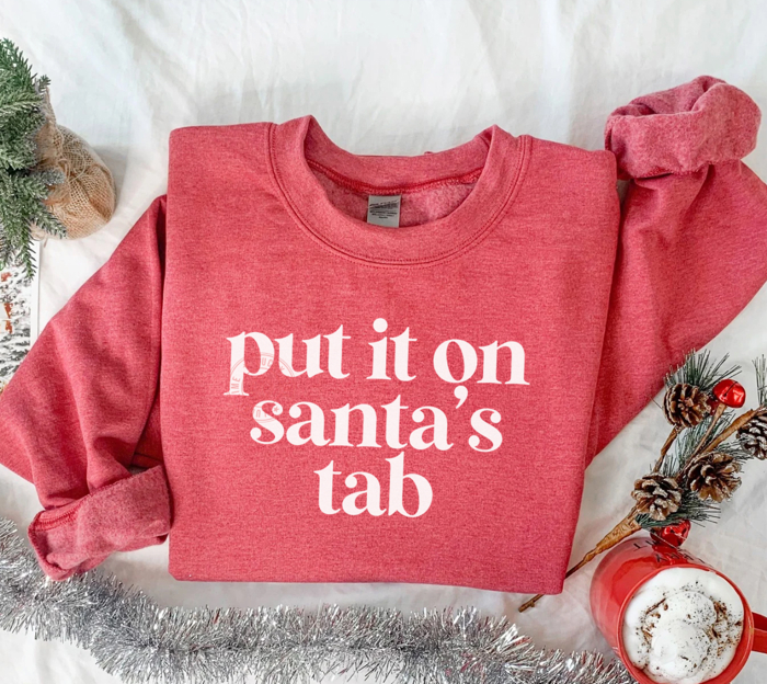 Put it on Santa’s Tab Sweatshirt, Funny Christmas Sweatshirt, Funny Santa Shirt, Festive Holiday Sweater for Women