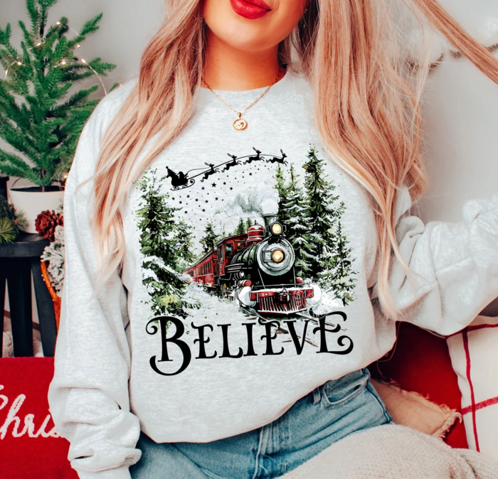 Believe Christmas Sweatshirt, North Pole Train Sweatshirt, Holiday Apparel for Women, Trendy Christmas Crewneck