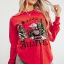  Comfort Colors® Believe Christmas Long Sleeve Shirt, North Pole Train TShirt, Holiday Apparel for Women, Trendy Christmas Crewneck
