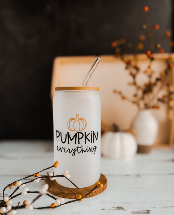 Pumpkin Everything Can Glass with Bamboo Lid and Glass Straw | Iced Coffee | Dishwasher and Microwave Safe | 16 oz