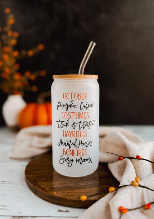 October Favorites Can Glass with Bamboo Lid and Glass Straw | Iced Coffee | Dishwasher and Microwave Safe | 16 oz