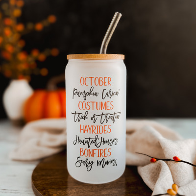 October Favorites Can Glass with Bamboo Lid and Glass Straw | Iced Coffee | Dishwasher and Microwave Safe | 16 oz
