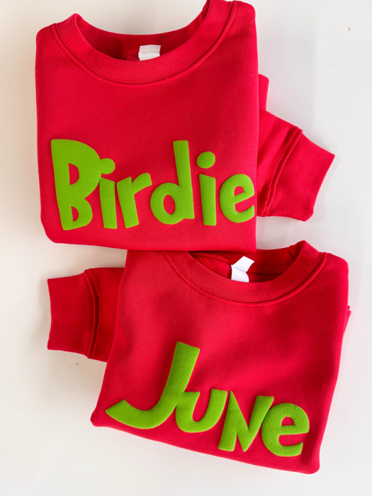 Custom Name Christmas Sweatshirts for Kids | Puffy Green Lettering | Holiday Crewnecks
