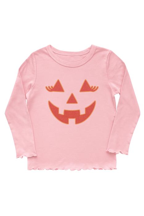 Girl's Pink Jack-O’-Lantern Long Sleeve Lettuce Edged Tee