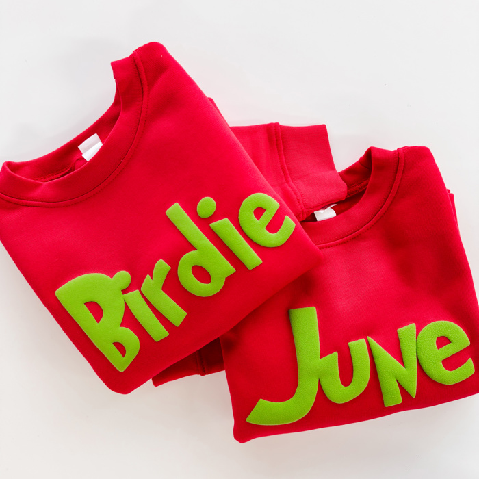 Custom Name Christmas Sweatshirts for Kids | Puffy Green Lettering | Holiday Crewnecks