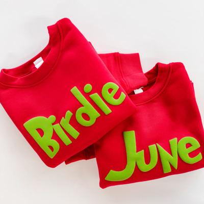 Custom Name Christmas Sweatshirts for Kids | Puffy Green Lettering | Holiday Crewnecks