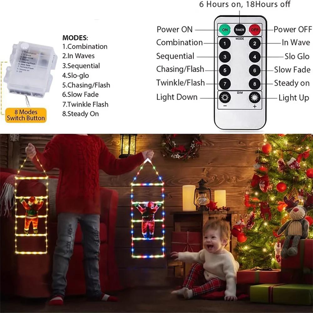 LED Ladder Lights with Climbing Santa Claus - 1m Festive Holiday Decoration for Indoor & Outdoor Use, 8 Lighting Modes, Remote Controlled