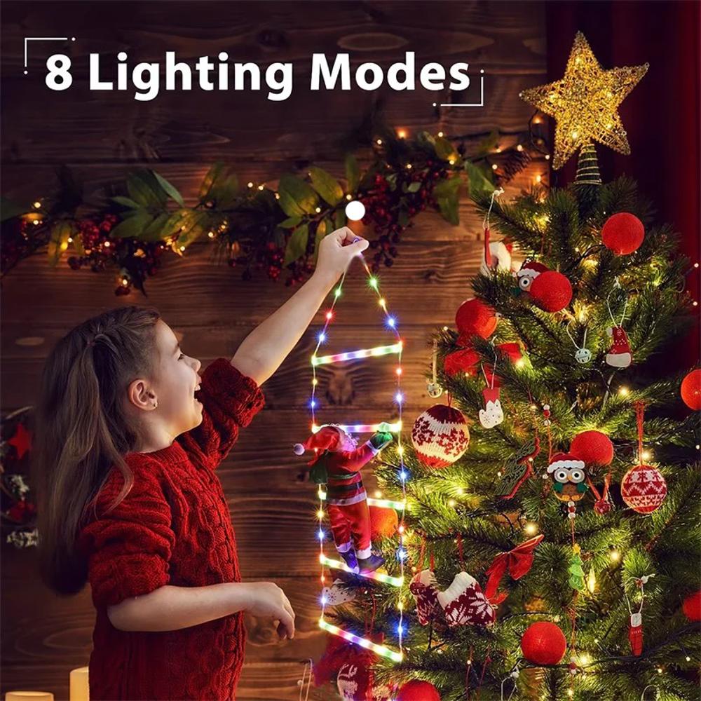 LED Ladder Lights with Climbing Santa Claus - 1m Festive Holiday Decoration for Indoor & Outdoor Use, 8 Lighting Modes, Remote Controlled