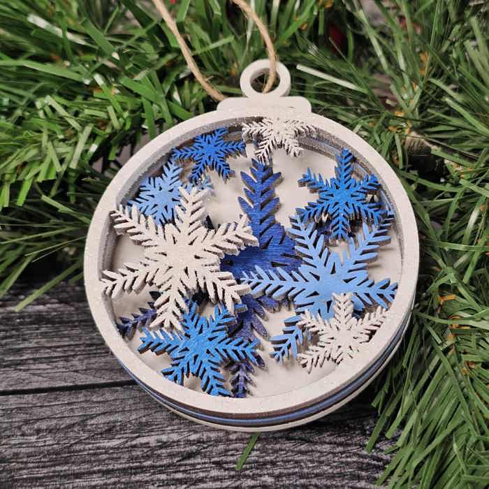 Snowflake Christmas Ornament | 5-Layer Laser Cut Wood with Glitter Finish
