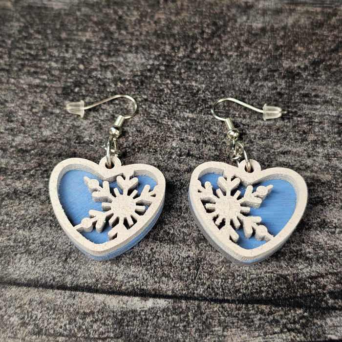 Snowflake Heart Earrings | Layered Wood with Glitter Finish