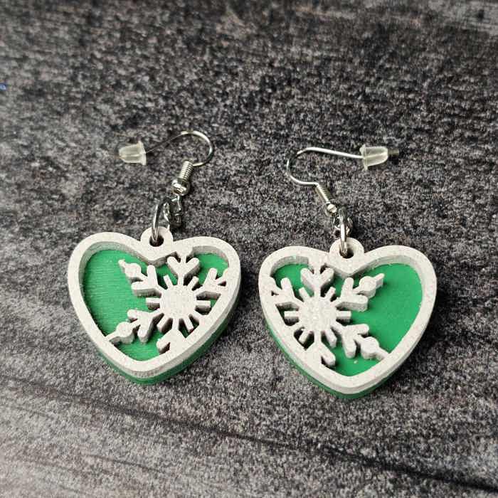 Snowflake Heart Earrings | Layered Wood with Glitter Finish