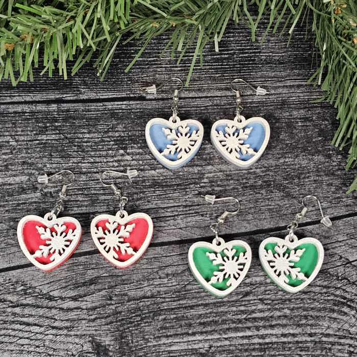 Snowflake Heart Earrings | Layered Wood with Glitter Finish