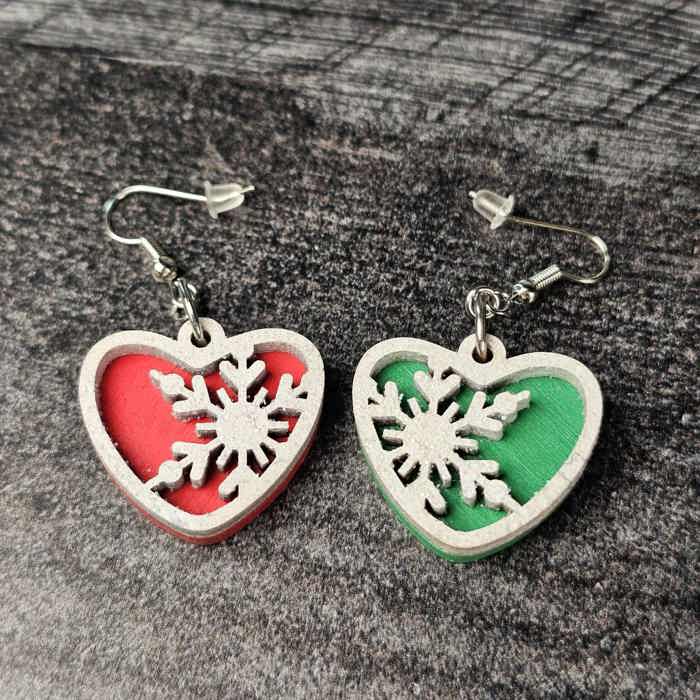 Snowflake Heart Earrings | Layered Wood with Glitter Finish
