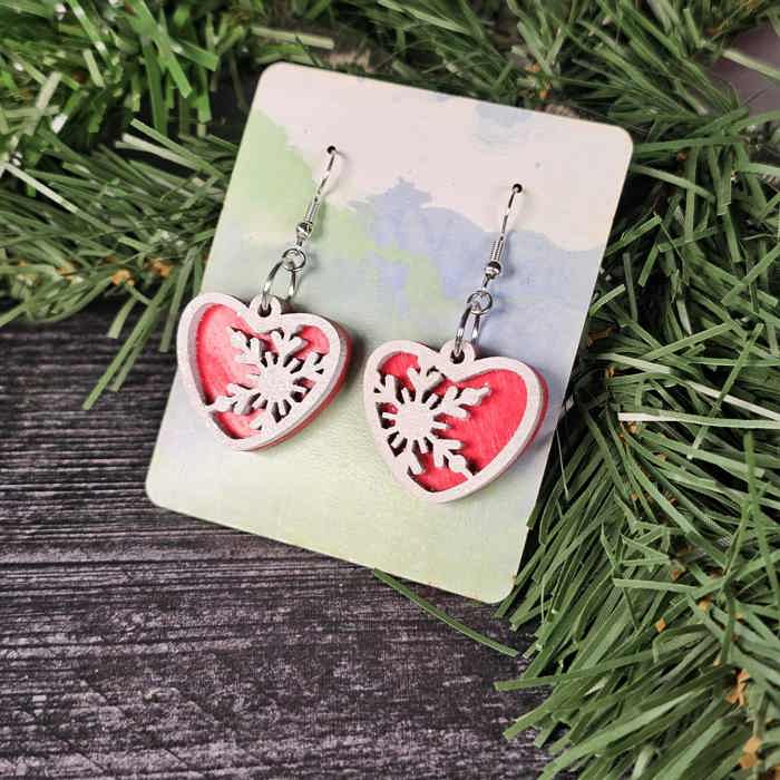 Snowflake Heart Earrings | Layered Wood with Glitter Finish