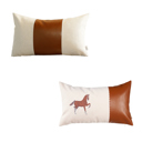 12X20" 2-piece Country Embroidered Horse Mixed Boho Sets Throw Pillow Covers Vegan Faux Leather Solid Beige & Brown Square & Lumbar for Couch, Bedding