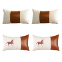 12X20" 4-piece Country Embroidered Horse Mixed Boho Sets Throw Pillow Covers Vegan Faux Leather Solid Beige & Brown Square & Lumbar for Couch, Bedding