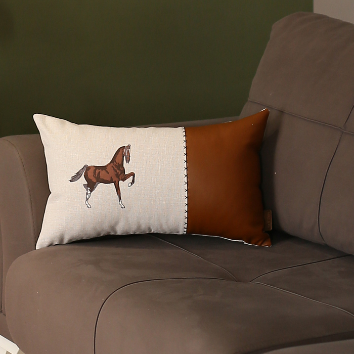 Country Embroidered Horse Mixed Boho Sets Throw Pillow Covers Vegan Faux Leather Solid Beige & Brown Square & Lumbar for Couch, Bedding