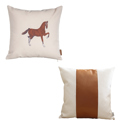 18X18" 2-piece Country Embroidered Horse Mixed Boho Sets Throw Pillow Covers Vegan Faux Leather Solid Beige & Brown Square & Lumbar for Couch, Bedding