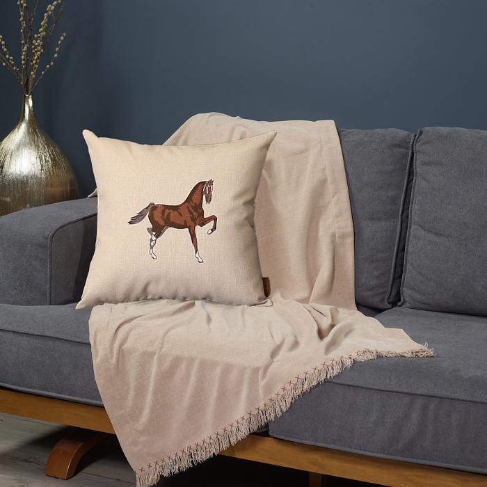 Country Embroidered Horse Mixed Boho Sets Throw Pillow Covers Vegan Faux Leather Solid Beige & Brown Square & Lumbar for Couch, Bedding