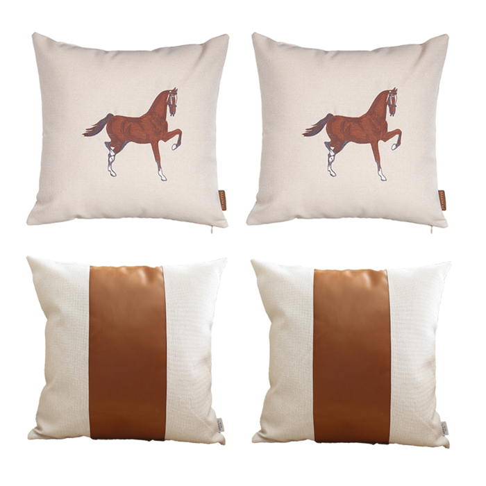 Country Embroidered Horse Mixed Boho Sets Throw Pillow Covers Vegan Faux Leather Solid Beige & Brown Square & Lumbar for Couch, Bedding