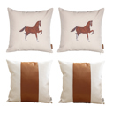 18X18" 4-piece Country Embroidered Horse Mixed Boho Sets Throw Pillow Covers Vegan Faux Leather Solid Beige & Brown Square & Lumbar for Couch, Bedding