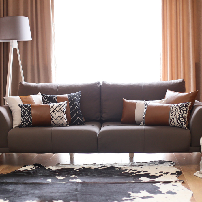 Boho Decorative Throw Pillow Cover Vegan Faux Leather Solid Lumbar & Square for Couch, Bedding