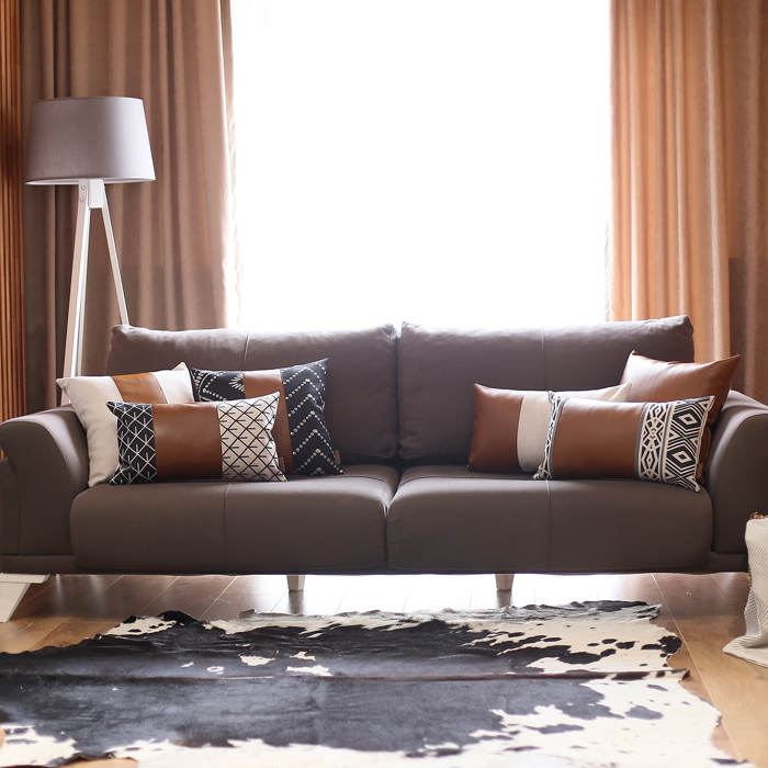 Boho Decorative Throw Pillow Cover Vegan Faux Leather Solid Lumbar & Square for Couch, Bedding