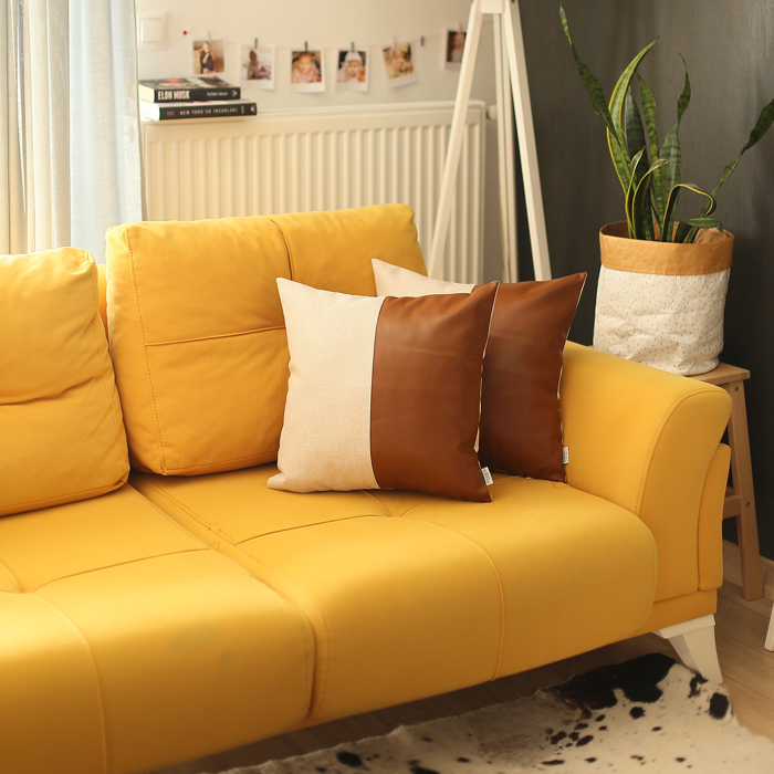 Boho Decorative Throw Pillow Cover Vegan Faux Leather Solid Lumbar & Square for Couch, Bedding