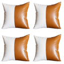Brown & Ivory - 17x17 4-piece Boho Decorative Throw Pillow Cover Vegan Faux Leather Solid Lumbar & Square for Couch, Bedding