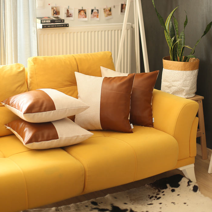 Boho Decorative Throw Pillow Cover Vegan Faux Leather Solid Lumbar & Square for Couch, Bedding