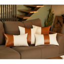 Brown & Ivory - 17x17 4-piece Boho Decorative Throw Pillow Cover Vegan Faux Leather Solid Lumbar & Square for Couch, Bedding